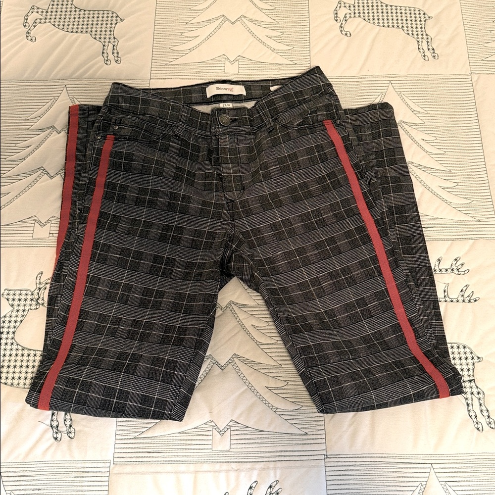 Skinny Girl Jeans Black Plaid Pants with Red Leg Stripe-Size 27/4